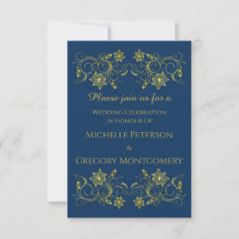Gold Script op Atlantic Blue en Filigree Wedding Kaart
