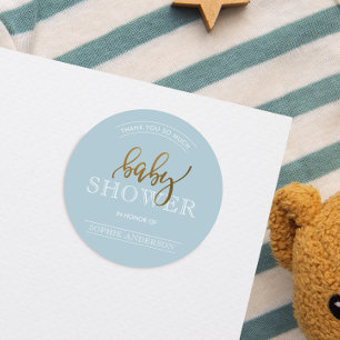 Gold Script op pastblauw   Baby shower Hartelijk d Ronde Sticker