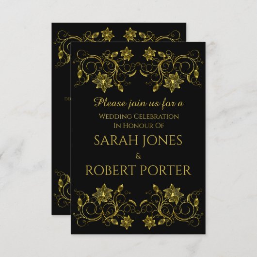 Gold Script op zwart met Filigree design Wedding Kaart (Voorkant / Achterkant)