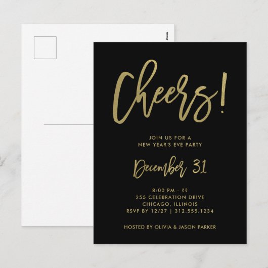 Gold Script op zwart | Nieuwe jaren Eve Party nodi Feestdagenkaart (Voorkant / Achterkant)