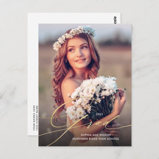 Gold Script Overlay 1-Photo-Afstuderen Briefkaart (Voorkant / Achterkant)