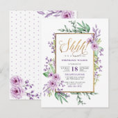 Gold Script Paars Floral Surprise Birthday Party Uitnodiging Briefkaart (Voorkant / Achterkant)