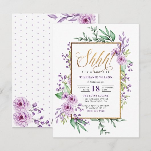 Gold Script Paars Floral Surprise Birthday Party Uitnodiging Briefkaart (Voorkant / Achterkant)