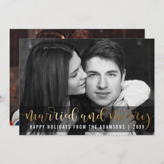 Gold Script Pas getrouwd Vakantie Zwart-wit Foto Feestdagenkaart (Voorkant / Achterkant)