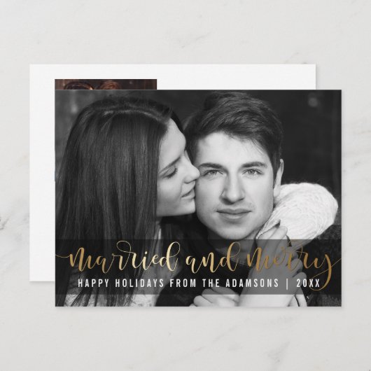 Gold Script Pas getrouwd Vakantie Zwart-wit Foto Feestdagenkaart (Voorkant / Achterkant)