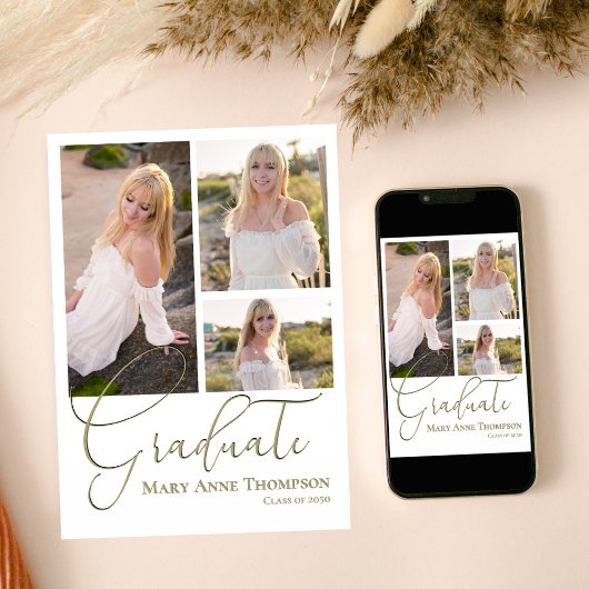 Gold Script Photo Collage Afstudeerfeest Kaart