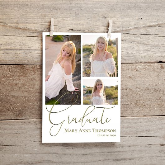 Gold Script Photo Collage Afstudeerfeest Kaart