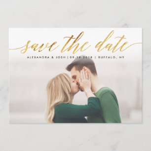 Gold Script Photo Save the Date in Faux Foil