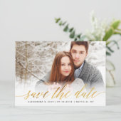Gold Script Photo Save the Date in Faux Folie (Staand voorkant)