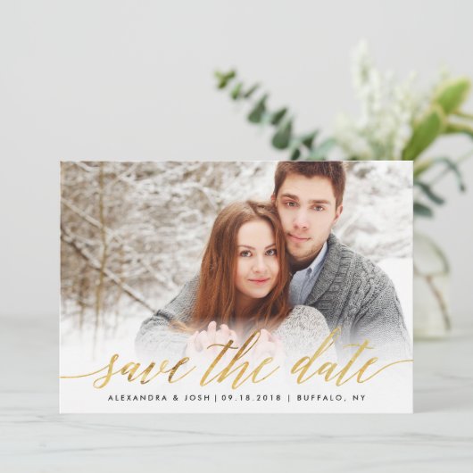 Gold Script Photo Save the Date in Faux Folie (Staand voorkant)