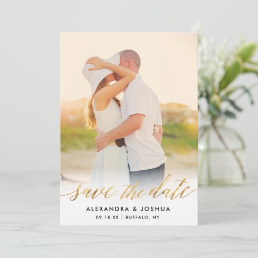 Gold Script Photo Save the Date in Faux Folie (Staand voorkant)
