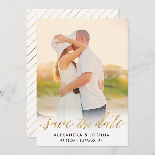 Gold Script Photo Save the Date in Faux Folie (Voorkant / Achterkant)
