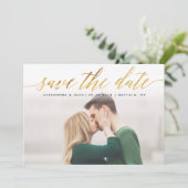 Gold Script Photo Save the Date in Faux Folie (Staand voorkant)