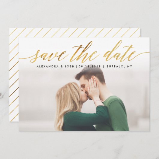 Gold Script Photo Save the Date in Faux Folie (Voorkant / Achterkant)