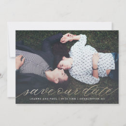 Gold Script Photo Save the Date in Faux Folie