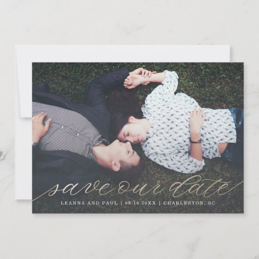 Gold Script Photo Save the Date in Faux Folie (Voorkant)