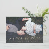 Gold Script Photo Save the Date in Faux Folie (Staand voorkant)