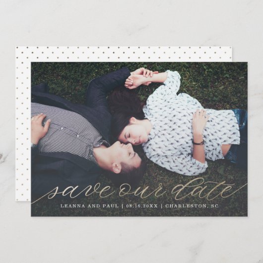 Gold Script Photo Save the Date in Faux Folie (Voorkant / Achterkant)