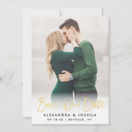Gold Script Photo Save the Date in Faux Folie