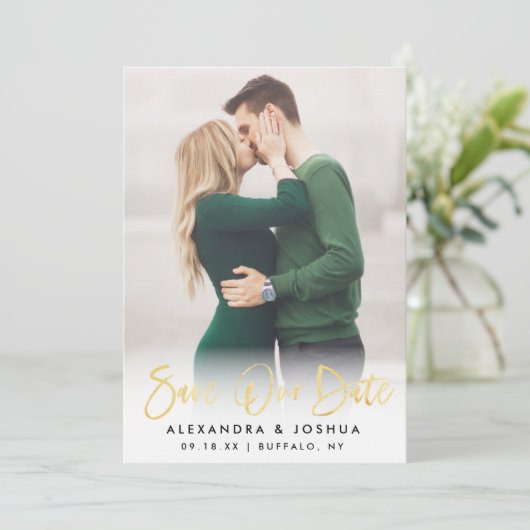 Gold Script Photo Save the Date in Faux Folie (Staand voorkant)