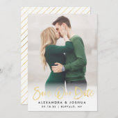 Gold Script Photo Save the Date in Faux Folie (Voorkant / Achterkant)