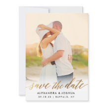 Gold Script Photo Save the Date in Faux Folie