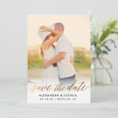 Gold Script Photo Save the Date in Faux Folie (Staand voorkant)