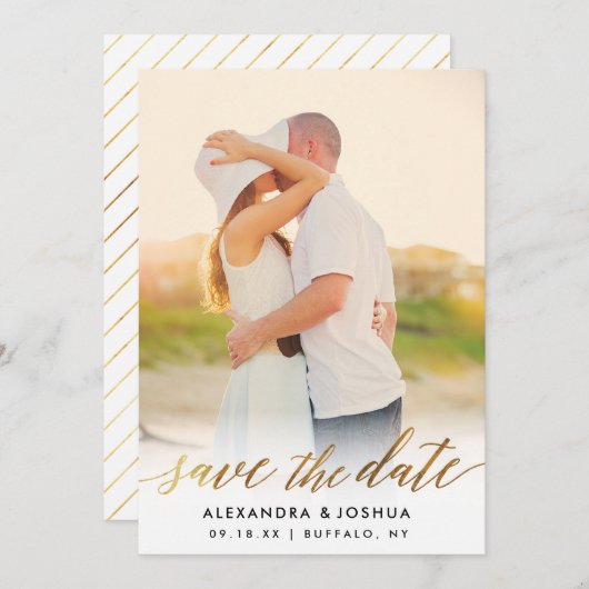 Gold Script Photo Save the Date in Faux Folie (Voorkant / Achterkant)
