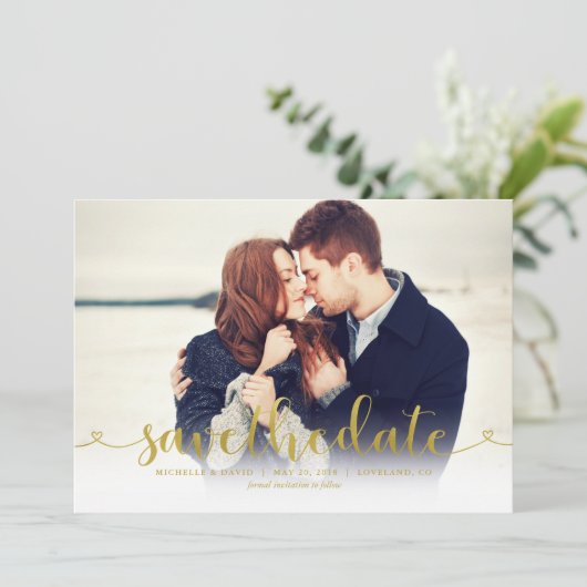 Gold Script Photo Wedding Save the Date (Staand voorkant)