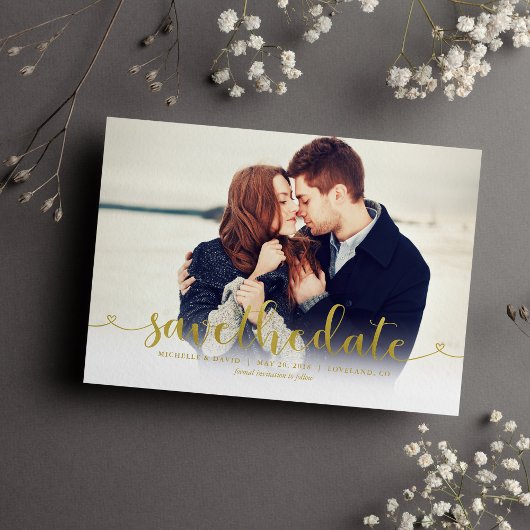 Gold Script Photo Wedding Save the Date