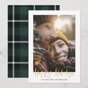 Gold script prettige feestdagen groene tartan foto feestdagenkaart