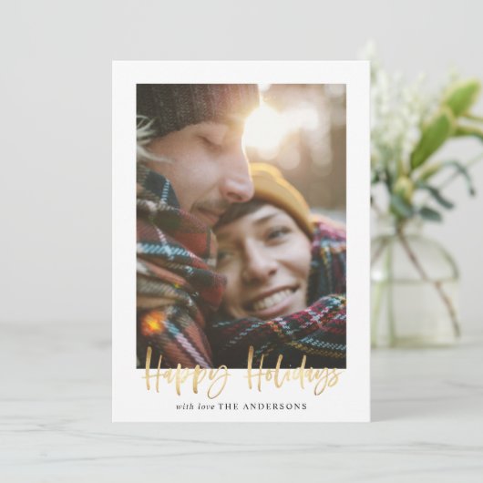 Gold script prettige feestdagen groene tartan foto feestdagenkaart (Staand voorkant)