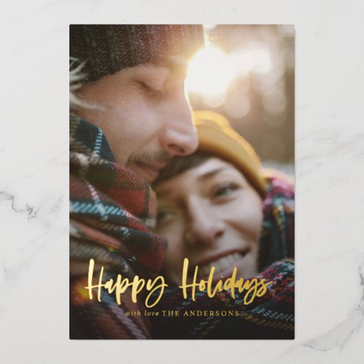 Gold script prettige feestdagen rode tartan foto (Voorkant)