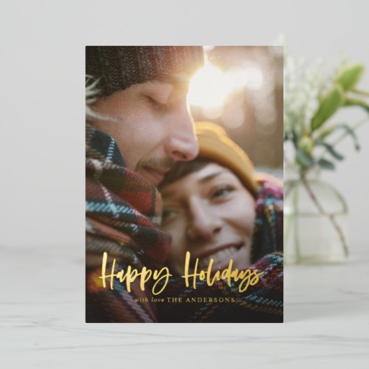 Gold script prettige feestdagen rode tartan foto (Staand Voorkant)