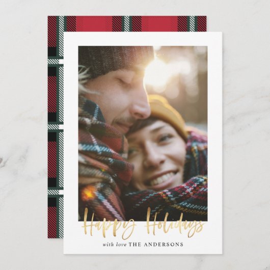 Gold script prettige feestdagen rode tartan foto feestdagenkaart (Voorkant / Achterkant)
