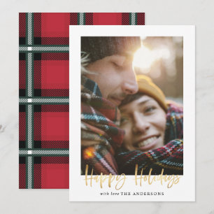 Gold script prettige feestdagen rode tartan foto feestdagenkaart