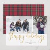 Gold Script Prettige feestdagen Tartan Photo Card Feestdagenkaart (Voorkant / Achterkant)
