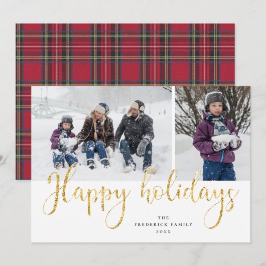 Gold Script Prettige feestdagen Tartan Photo Card Feestdagenkaart (Voorkant / Achterkant)