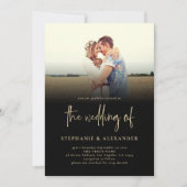 Gold Script QR Code Black Photo Overlay Weddenscha Kaart (Voorkant)