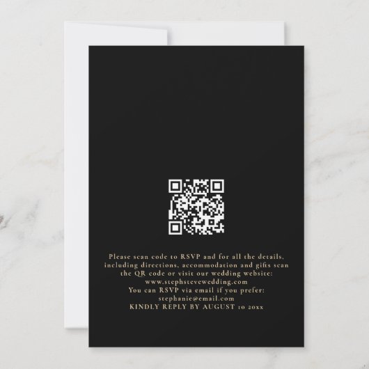Gold Script QR Code Black Photo Overlay Weddenscha Kaart (Achterkant)
