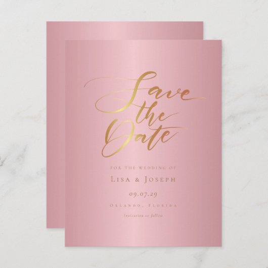 Gold Script Roos Gold Save the Date Aankondigingskaart (Voorkant / Achterkant)