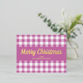 Gold Script Roze Gingham Merry kerst Folie Feestdagen Briefkaart (Staand Voorkant)
