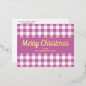 Gold Script Roze Gingham Merry kerst Folie Feestdagen Briefkaart (Voorkant / Achterkant)