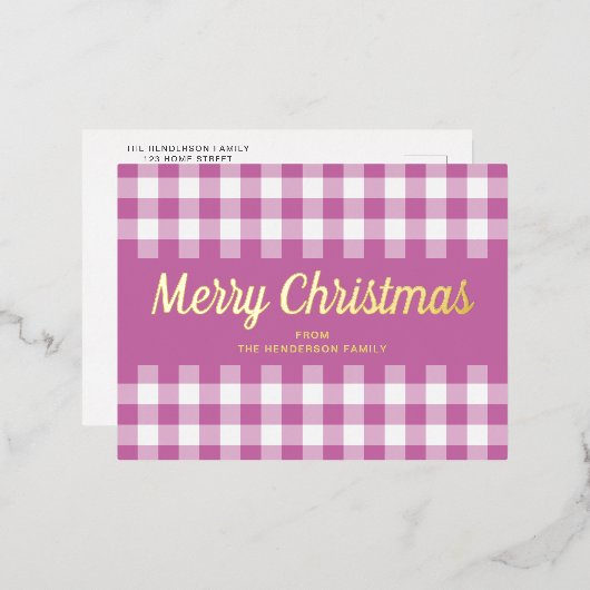 Gold Script Roze Gingham Merry kerst Folie Feestdagen Briefkaart (Voorkant / Achterkant)