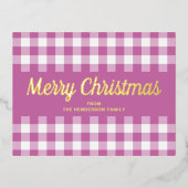 Gold Script Roze Gingham Merry kerst Folie Feestdagen Briefkaart (Voorkant)