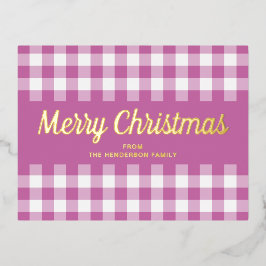 Gold Script Roze Gingham Merry kerst Folie Feestdagen Briefkaart
