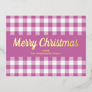 Gold Script Roze Gingham Merry kerst Folie Feestdagen Briefkaart