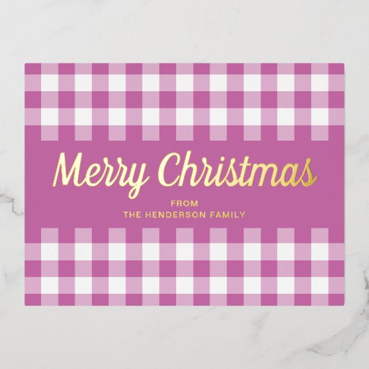 Gold Script Roze Gingham Merry kerst Folie Feestdagen Briefkaart (Voorkant)