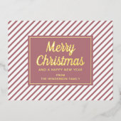 Gold Script Roze Stripes Merry Kerstmis Folie Feestdagen Briefkaart (Voorkant)