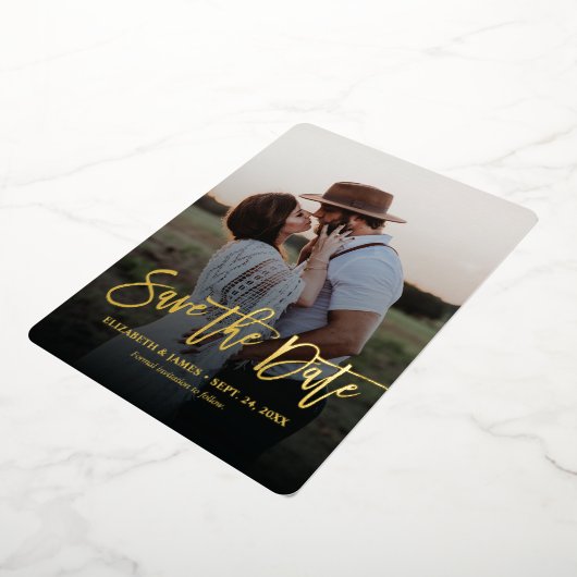 Gold Script Rustic Save the Date Wedding Folie Uitnodiging (Gedraaid)